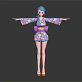 Anime Girl Character Wearing Floral Kimono With Purple Obi And Blue Hair