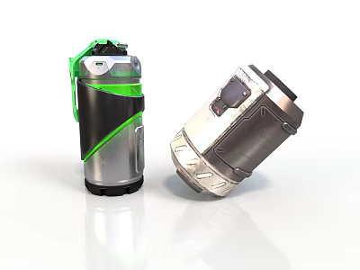 Two Mechanical Devices With Green Accents And Silver Textured Bodies 3d model