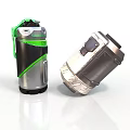 Two Mechanical Devices With Green Accents And Silver Textured Bodies