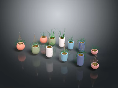 Colorful Planters with Green Plants Hanging and Placed on Home Decor Surface 3d model