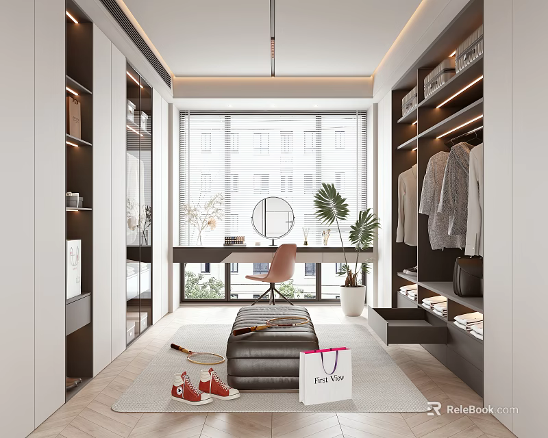 Modern Walk in Closet With Natural Light And Stylish Decor 3d model 