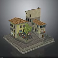Modern Scene 3D Model of Small Buildings with Red Tile Roofs Yellow Walls Courtyard Tree and Tables Chairs