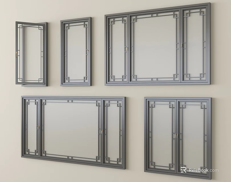 Modern Casement Windows With Various Styles And Gray Frames Mounted On Wall 3d model