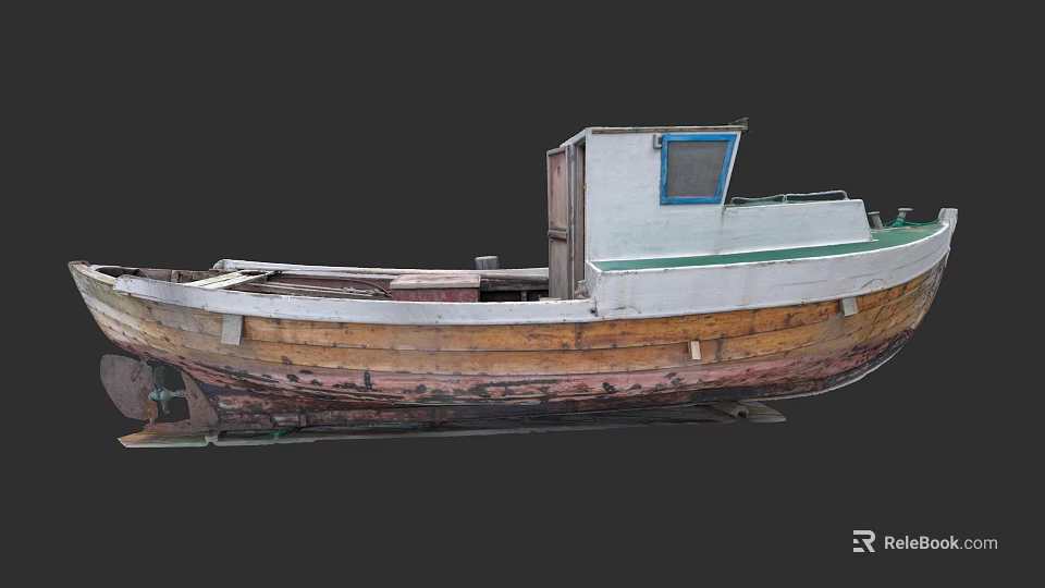 Old Weathered Wooden Boat With White Cabin And Blue Window On Land 3d model 