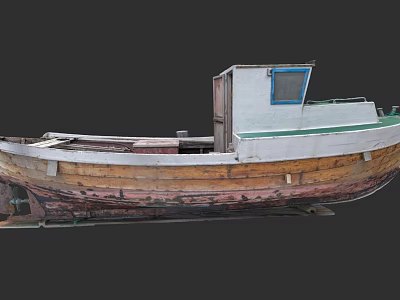 Old Weathered Wooden Boat With White Cabin And Blue Window On Land 3d model