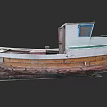 Old Weathered Wooden Boat With White Cabin And Blue Window On Land