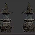 Two Traditional Stone Lanterns With Layered Pagoda Tops And Intricate Bases