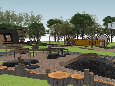 Outdoor Children's Play Area With Trees Wooden Logs And Slide Structures 3d model