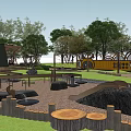 Outdoor Children's Play Area With Trees Wooden Logs And Slide Structures