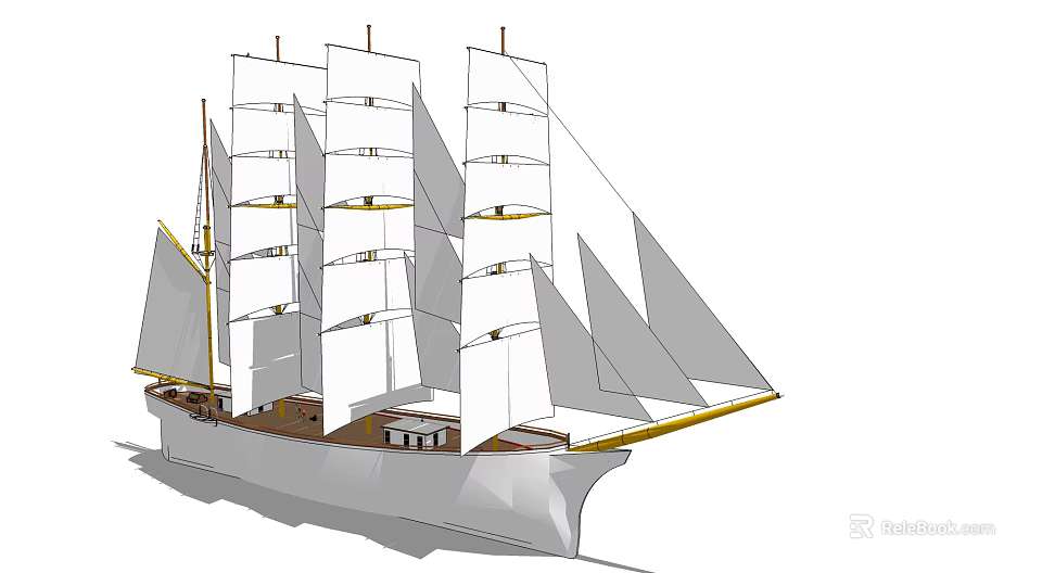 Sailing Ship with Three Masts Multiple White Sails and Golden Wooden Deck Design 3d model 