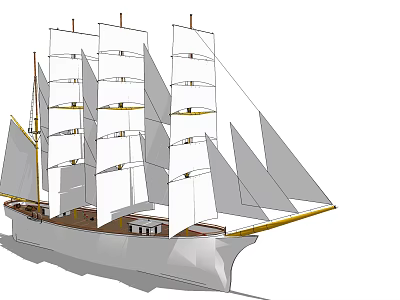 Sailing Ship with Three Masts Multiple White Sails and Golden Wooden Deck Design 3d model