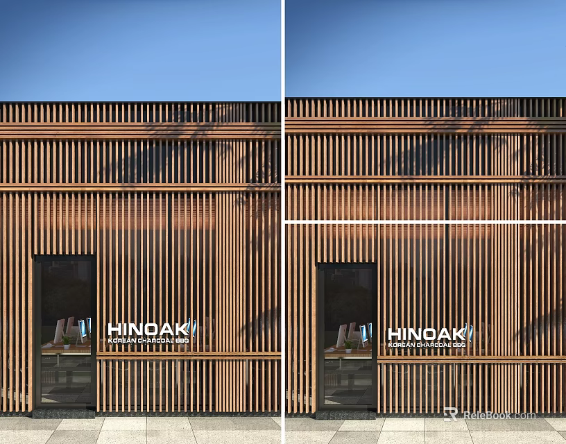 Modern Storefront with Wooden Slats HINOKI Signage and Glass Door Design 3d model 