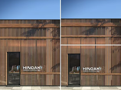 Modern Storefront with Wooden Slats HINOKI Signage and Glass Door Design 3d model