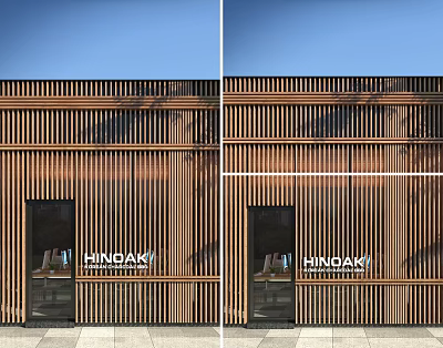 Modern Storefront with Wooden Slats HINOKI Signage and Glass Door Design 3d model