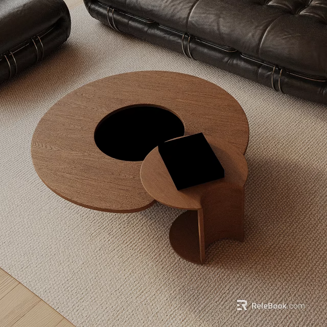 Black Leather Sofa And Round Wooden Coffee Table With Black Circular Cutout On Beige Carpet 3d model 