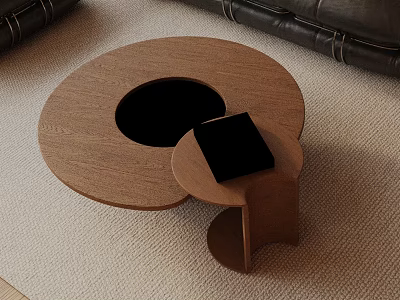 Black Leather Sofa And Round Wooden Coffee Table With Black Circular Cutout On Beige Carpet 3d model