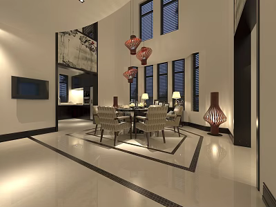Modern Restaurant Interior Featuring Dining Table Chairs Pendant Lights And Large Windows 3d model