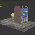 3D Model of Multi Storey Urban Brick Building with Street Lamp Tree and Bench