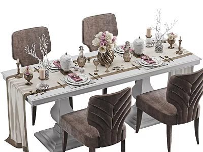 Elegant Dining Table Set With Brown Upholstered Chairs White Tabletop Dinnerware Flower Vase And Candles 3d model