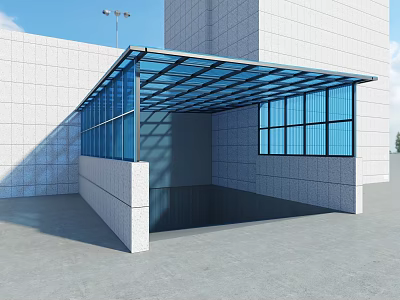 Blue Transparent Canopy With Glass Panels And White Wall For Building Exterior 3d model