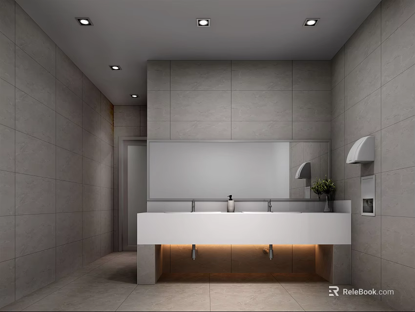 Modern Public Restroom Interior With Gray Tiled Walls White Sink Counter And Ceiling Lights Mirror 3d model 