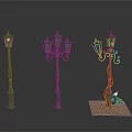 Architectural Street Lamps Featuring Various Designs With Single Multiple Lights And Vine Decorations