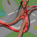 Modern Red Arch Bridge With Multiple Curved Structures Spanning Road Green Area And Water