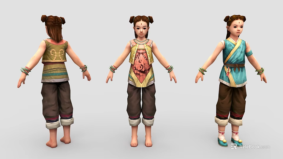 Game Movie Character Design Three Views with Double Buns Colorful Tops Dark Pants and Bracelets 3d model 