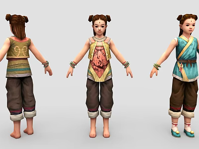 Game Movie Character Design Three Views with Double Buns Colorful Tops Dark Pants and Bracelets 3d model