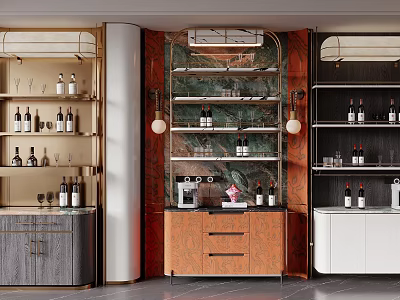 Modern Wine Cabinet With Marble Backdrop Wooden Frame And Glass Shelves For Wine Storage 3d model