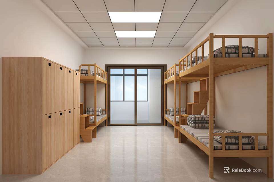 Bright Dormitory Room Interior Featuring Bunk Beds Wooden Lockers And Windows 3d model 