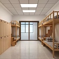 Bright Dormitory Room Interior Featuring Bunk Beds Wooden Lockers And Windows