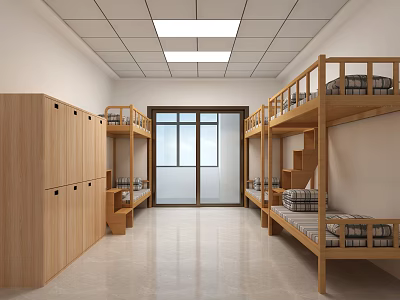 Bright Dormitory Room Interior Featuring Bunk Beds Wooden Lockers And Windows 3d model
