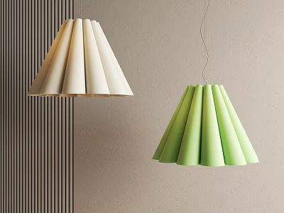 Cream And Green Pleated Pendant Lights In Modern Interior With Light Wall And Vertical Stripes 3d model