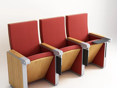Public Chairs With Red Fabric Upholstery Wooden Armrests And Metal Accents 3d model