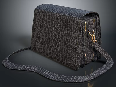 Stylish Dark Crocodile Texture Leather Handbag With Gold Hardware And Shoulder Strap 3d model