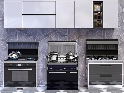 Modern Kitchen Appliances With Gas Stoves Oven Cabinets And Geometric Patterned Wall 3d model