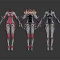 Three Armored Female Figures Standing Together Holding Hands With Futuristic Colored Armor Suits