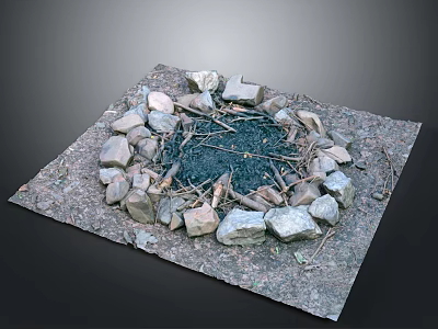 Natural Stone Circle With Wood Logs And Ash For Outdoor Campfire 3d model