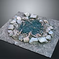 Natural Stone Circle With Wood Logs And Ash For Outdoor Campfire