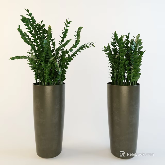 Bonsai Potted Plants In Two Tall Gray Pots With Lush Green Leaves 3d model 