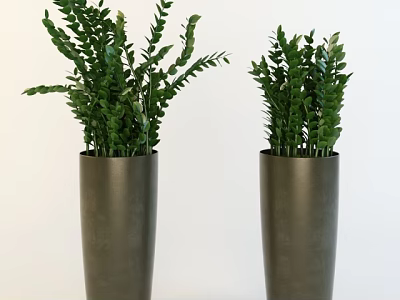 Bonsai Potted Plants In Two Tall Gray Pots With Lush Green Leaves 3d model