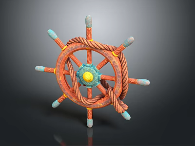 Orange Ship Wheel With Blue Handles Yellow Center And Twisted Rope 3d model