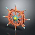 Orange Ship Wheel With Blue Handles Yellow Center And Twisted Rope