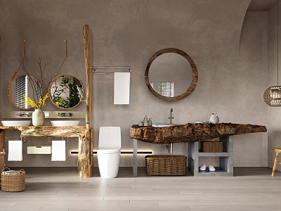 Natural Wooden Washbasin in Minimalist Bathroom with Round Mirror Toilet Basket and Towel Rack 3d model