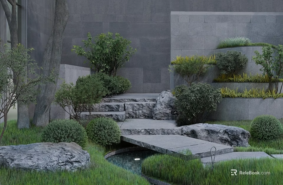 Modern Garden Landscape With Stone Steps Rocks Green Shrubs And Small Water Feature 3d model 