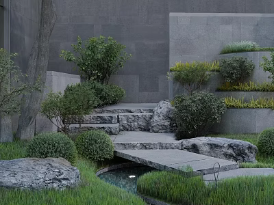 Modern Garden Landscape With Stone Steps Rocks Green Shrubs And Small Water Feature 3d model