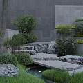 Modern Garden Landscape With Stone Steps Rocks Green Shrubs And Small Water Feature