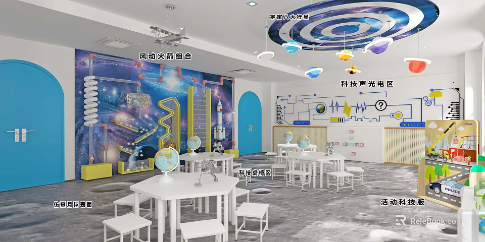 Space Themed Kindergarten Science Activity Zone With White Tables Globes And Wall Murals 3d model 