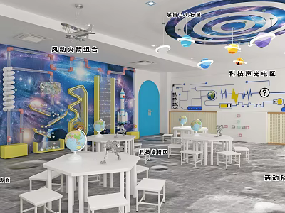 Space Themed Kindergarten Science Activity Zone With White Tables Globes And Wall Murals 3d model